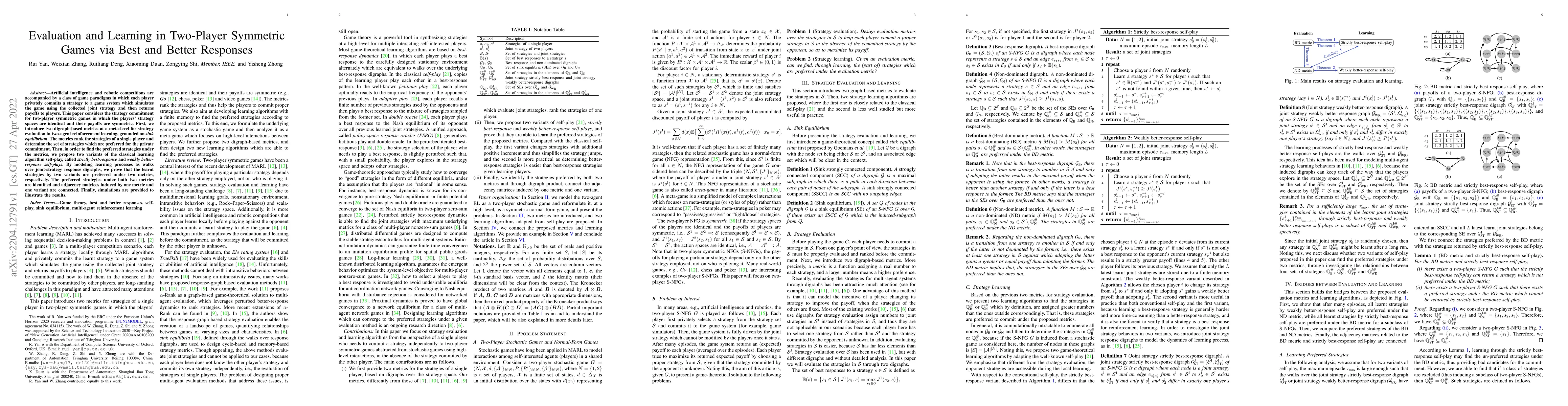 Thumbnail for Evaluation and Learning in Two-Player Symmetric Games via Best and
  Better Responses