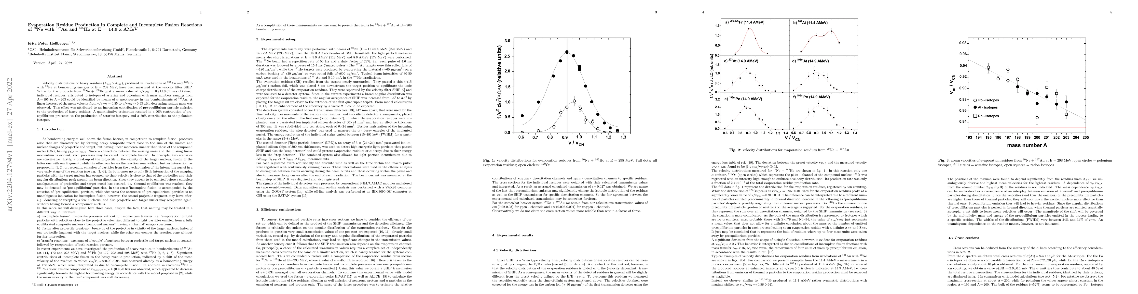 Thumbnail for Evaporation Residue Production in Complete and Incomplete Fusion
  Reactions of Ne-20 with Au-197 and Ho-165 at E = 14.9 x AMeV
