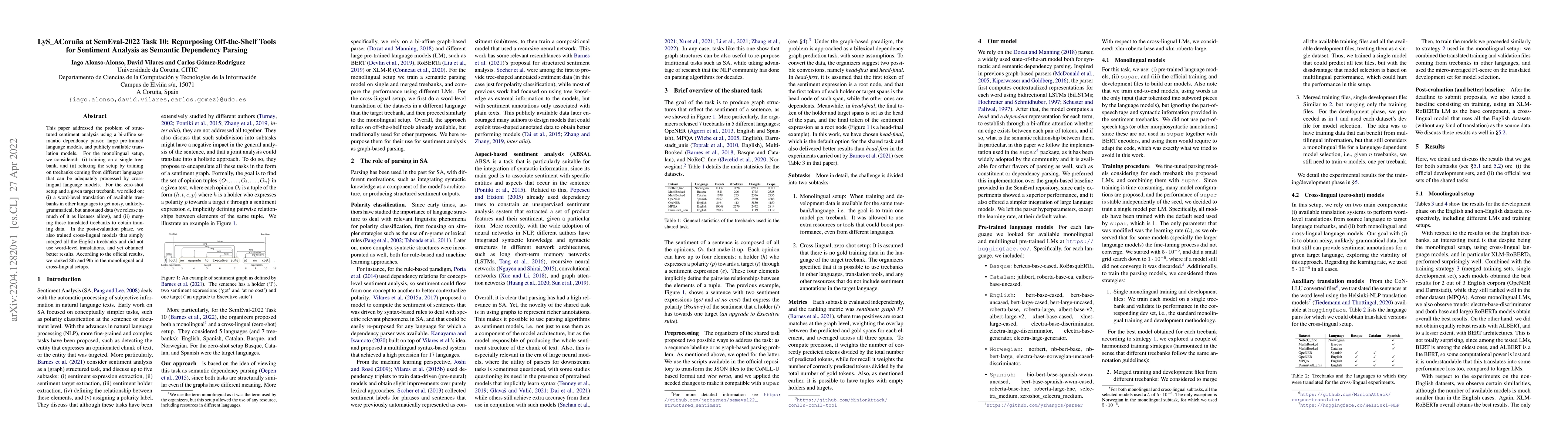 Thumbnail for LyS_ACoru\~na at SemEval-2022 Task 10: Repurposing Off-the-Shelf Tools
  for Sentiment Analysis as Semantic Dependency Parsing