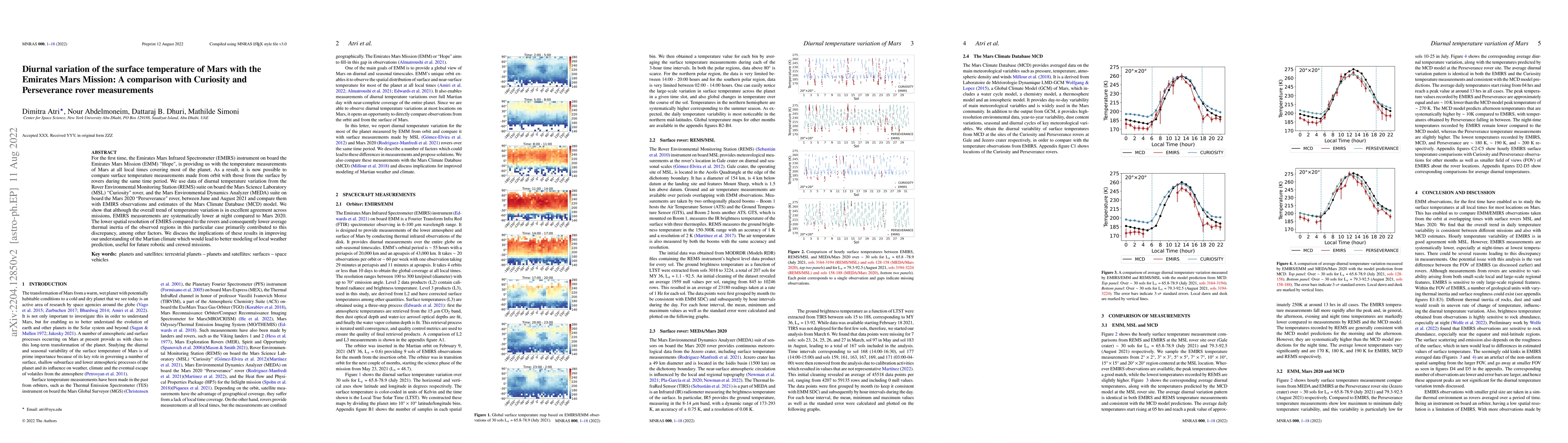 Thumbnail for Diurnal variation of the surface temperature of Mars with the Emirates
  Mars Mission: A comparison with Curiosity and Perseverance rover measurements