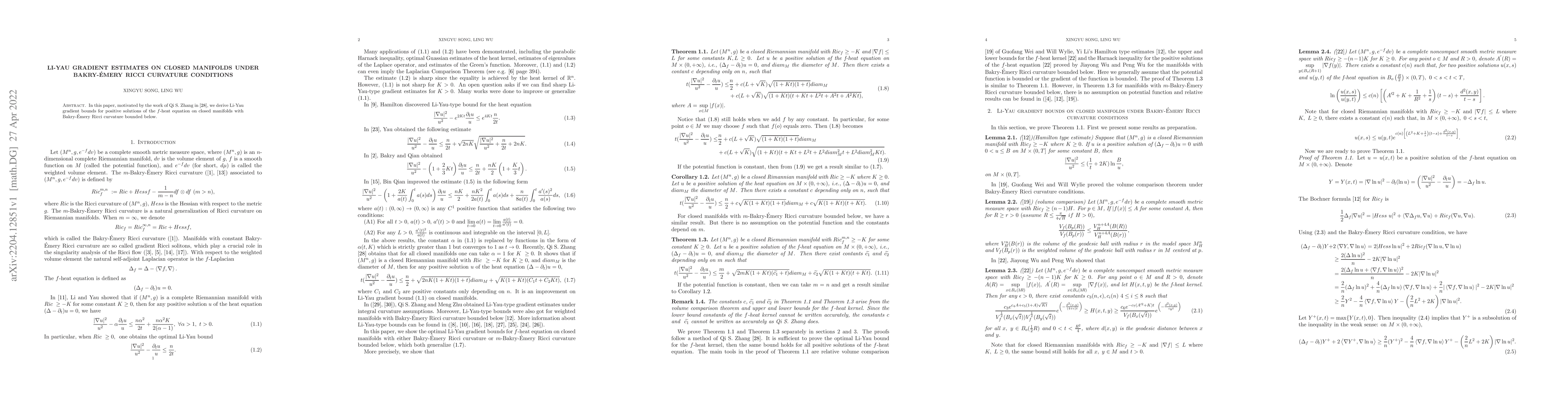 Thumbnail for Li-Yau gradient estimates on closed manifolds under bakry-emery ricci
  curvature conditions
