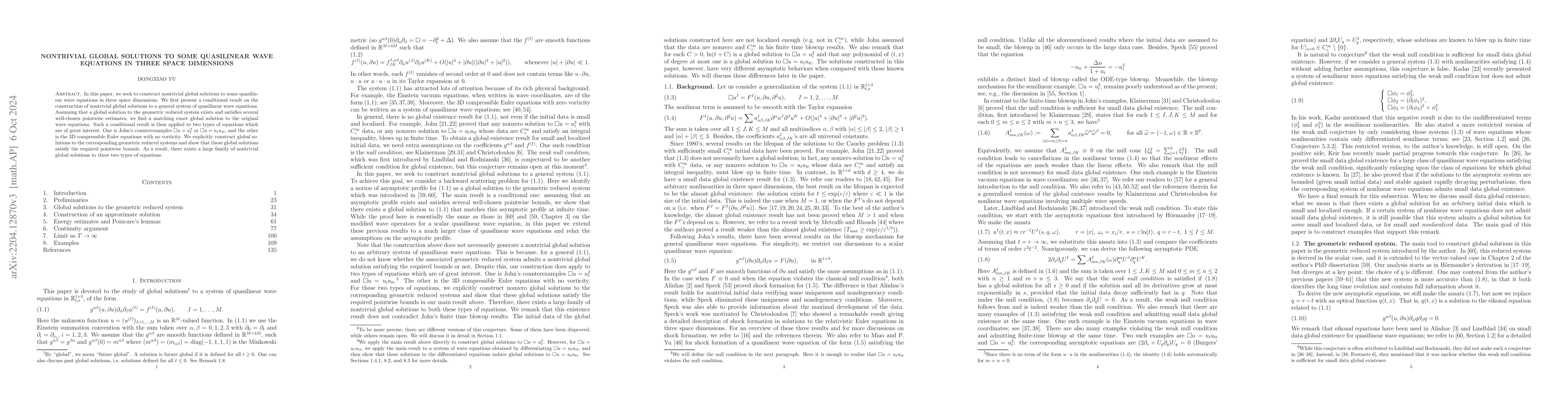 Thumbnail for Nontrivial global solutions to some quasilinear wave equations in three
  space dimensions