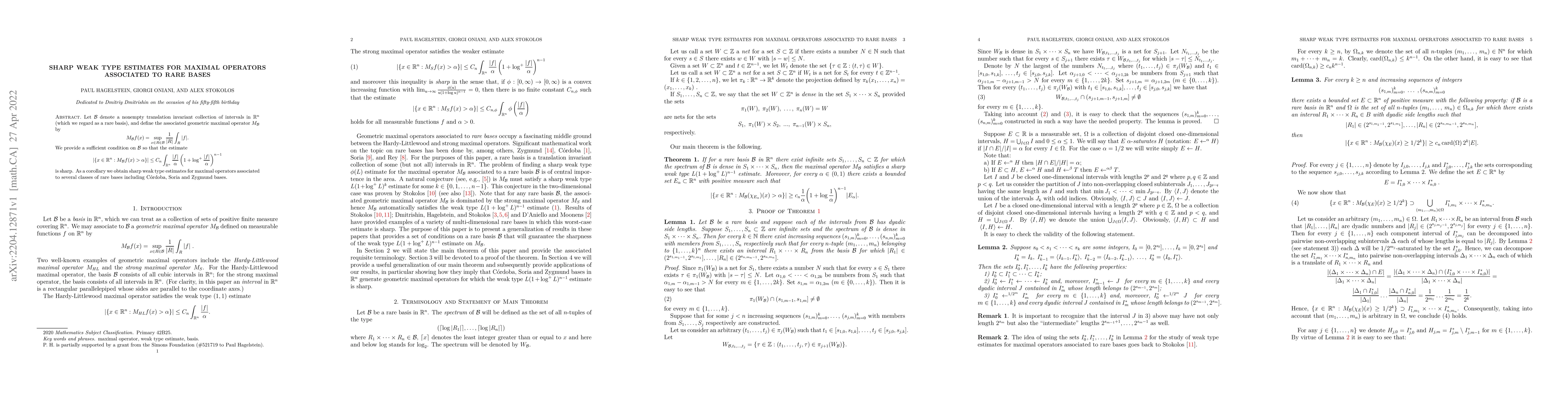 Thumbnail for Sharp Weak Type Estimates for Maximal Operators associated to Rare Bases