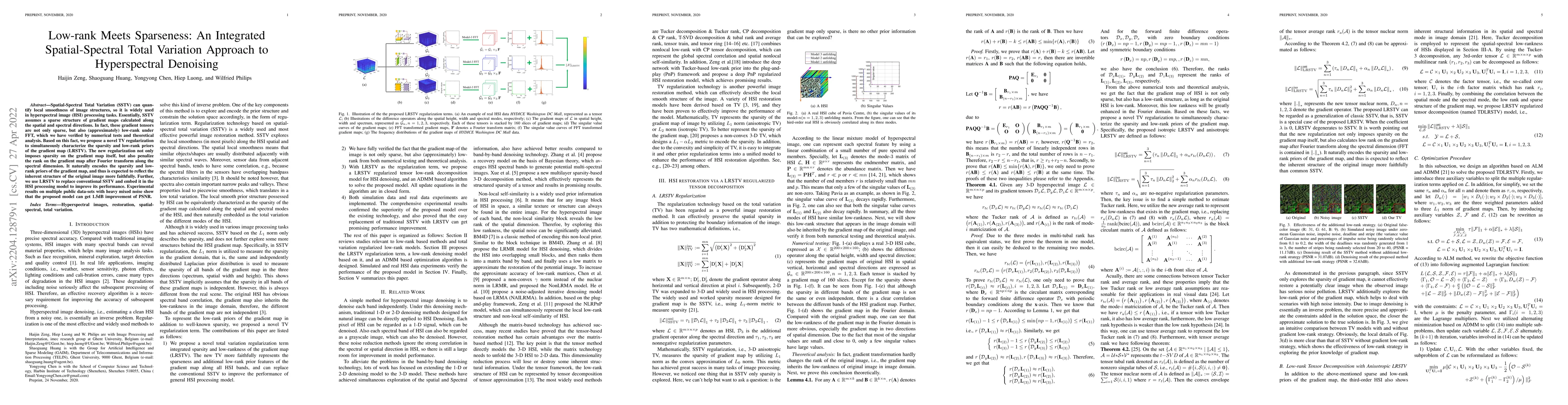Thumbnail for Low-rank Meets Sparseness: An Integrated Spatial-Spectral Total
  Variation Approach to Hyperspectral Denoising
