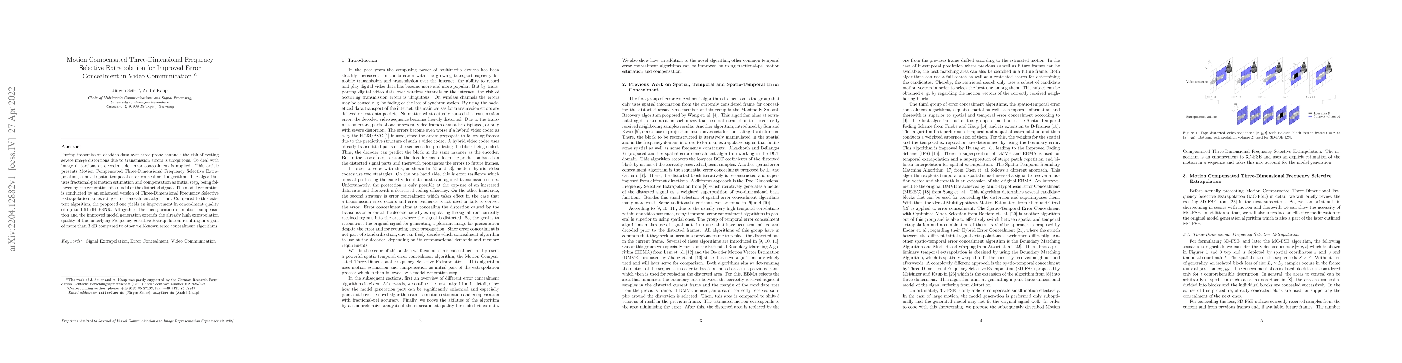 Thumbnail for Motion Compensated Three-Dimensional Frequency Selective Extrapolation
  for Improved Error Concealment in Video Communication