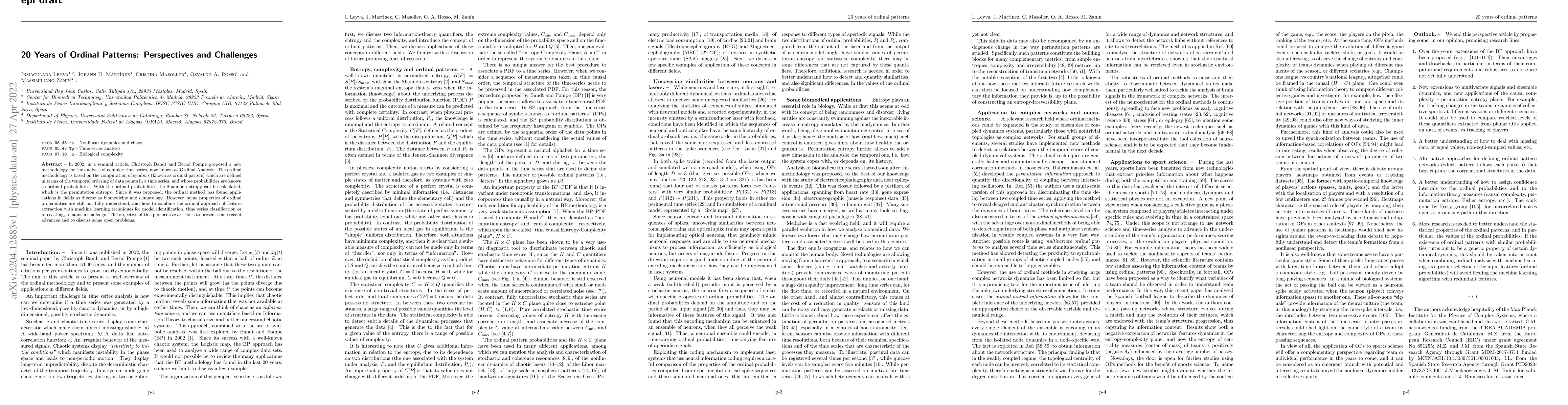 Thumbnail for 20 years of ordinal patterns: Perspectives and challenges