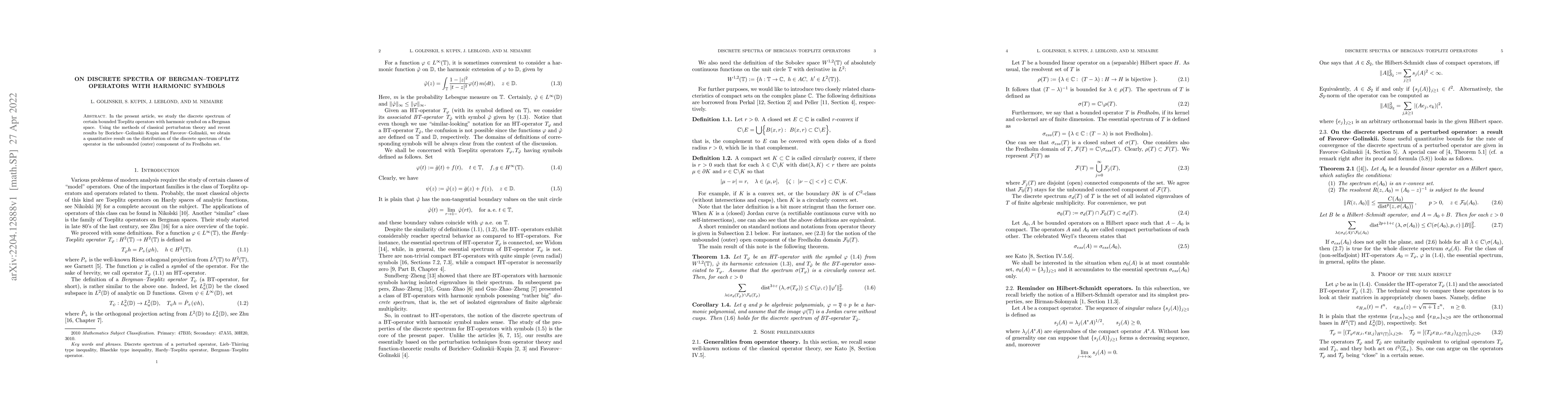 Thumbnail for On discrete spectra of Bergman--Toeplitz operators with harmonic symbols
