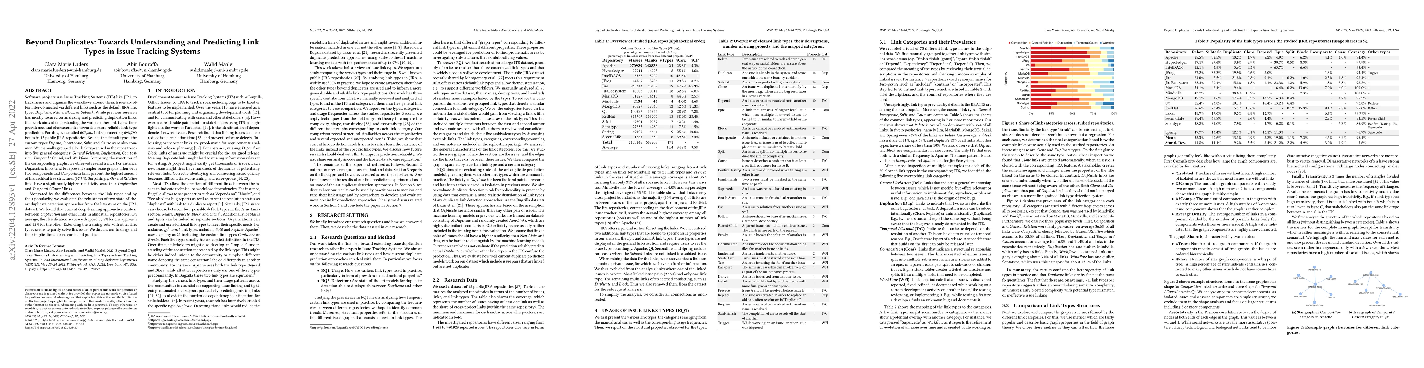 Thumbnail for Beyond Duplicates: Towards Understanding and Predicting Link Types in
  Issue Tracking Systems