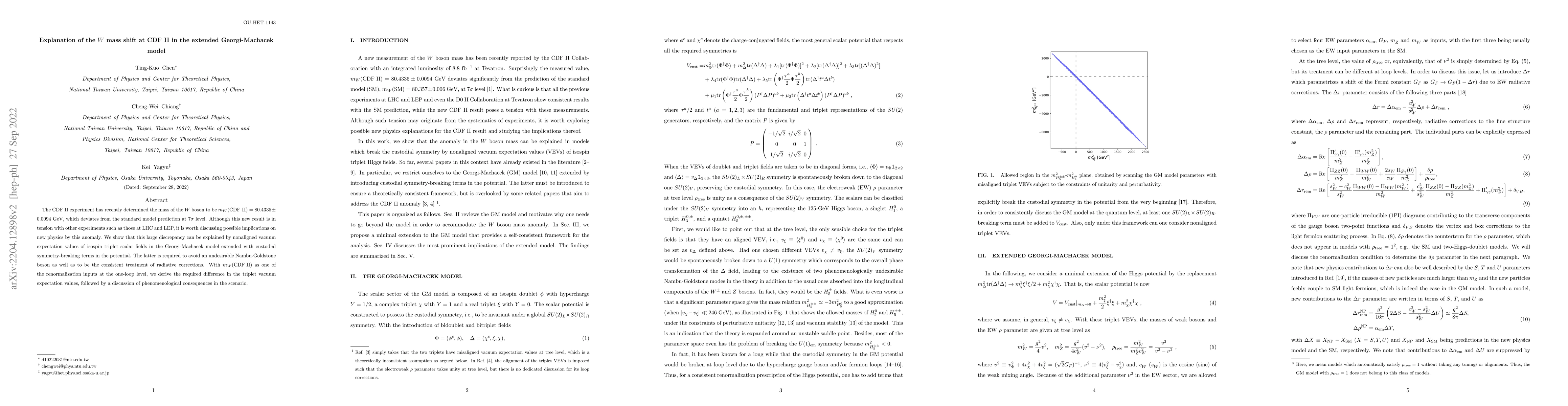 Thumbnail for Explanation of the $W$ mass shift at CDF II in the Georgi-Machacek Model
