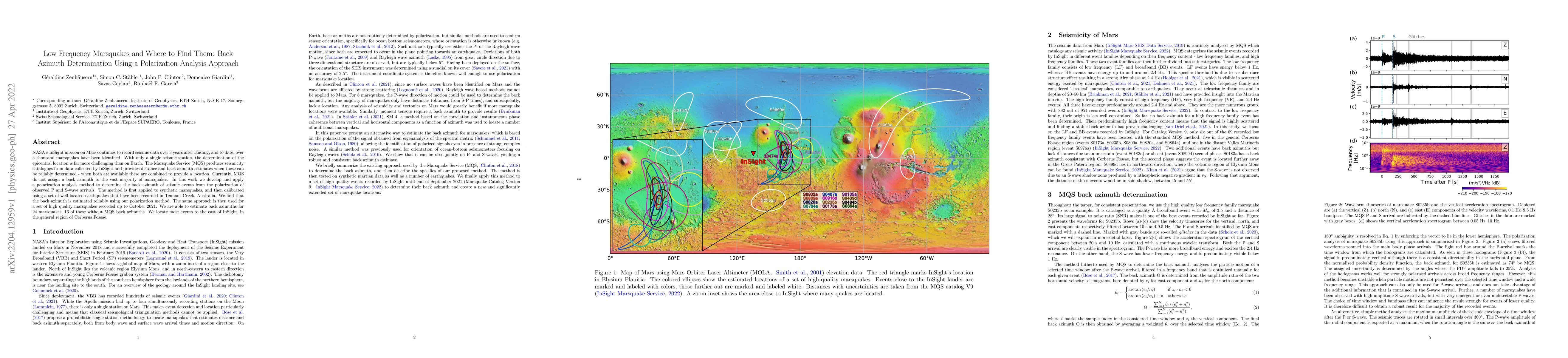 Thumbnail for Low Frequency Marsquakes and Where to Find Them: Back Azimuth
  Determination Using a Polarization Analysis Approach