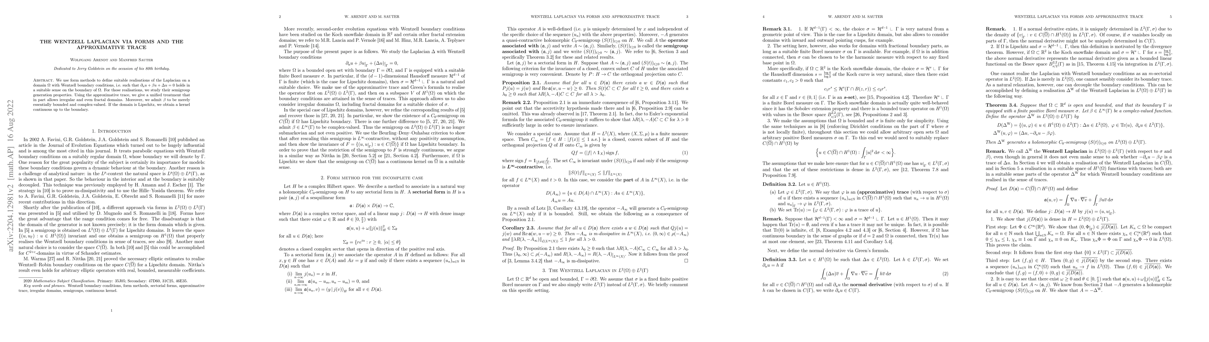 Thumbnail for The Wentzell Laplacian via forms and the approximative trace