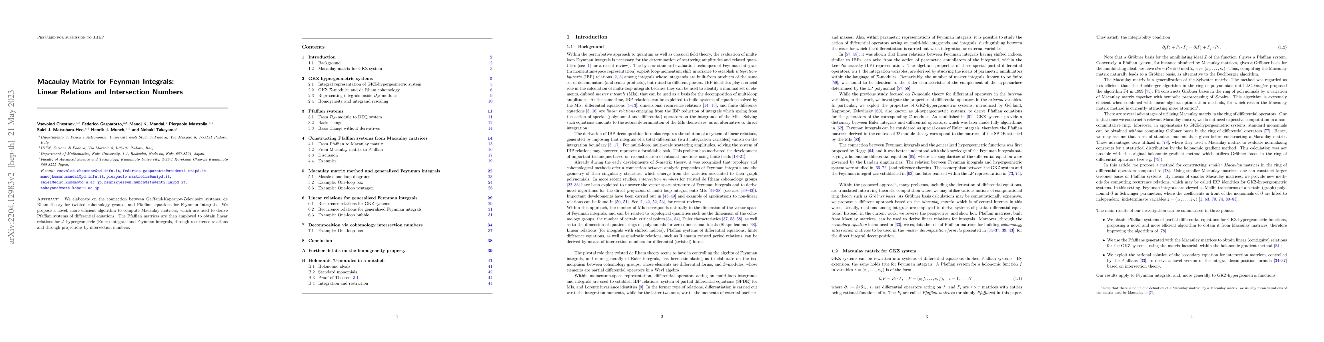 Thumbnail for Macaulay Matrix for Feynman Integrals: Linear Relations and Intersection
  Numbers