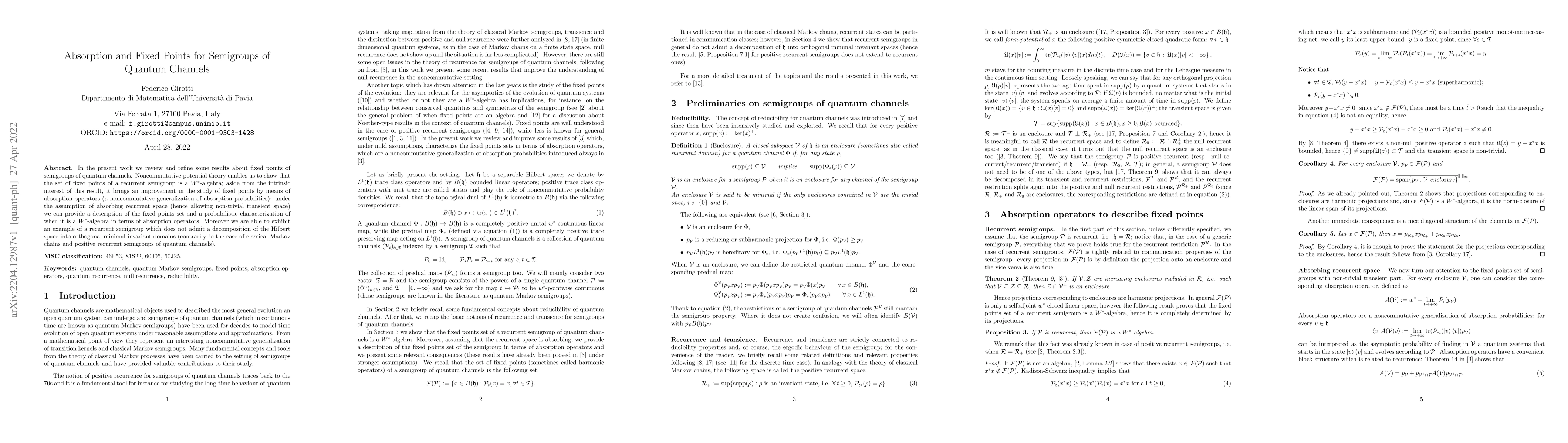 Thumbnail for Absorption and Fixed Points for Semigroups of Quantum Channels