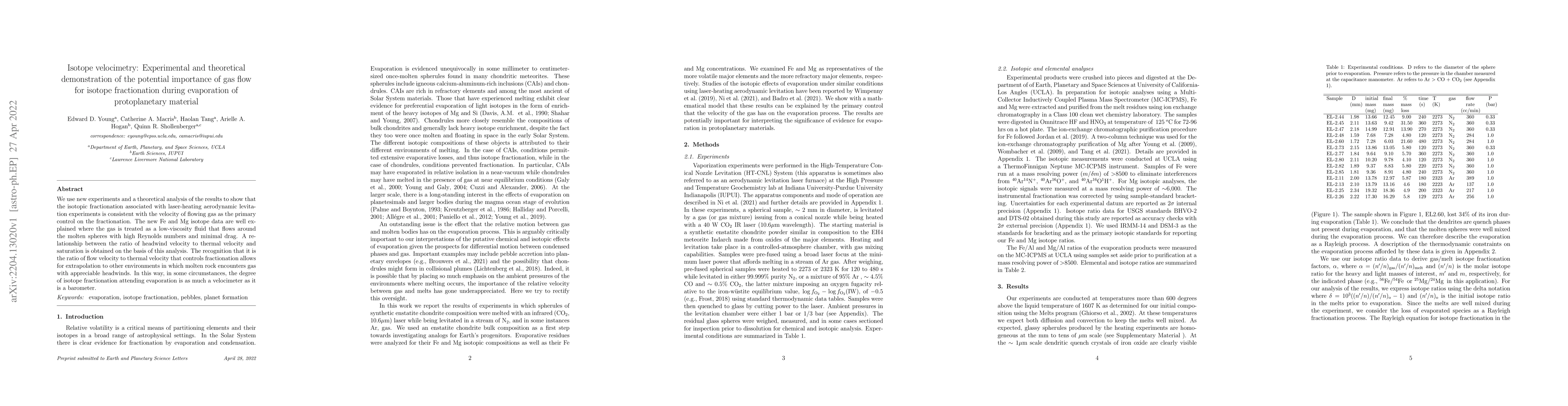 Thumbnail for Isotope velocimetry: Experimental and theoretical demonstration of the
  potential importance of gas flow for isotope fractionation during evaporation
  of protoplanetary material