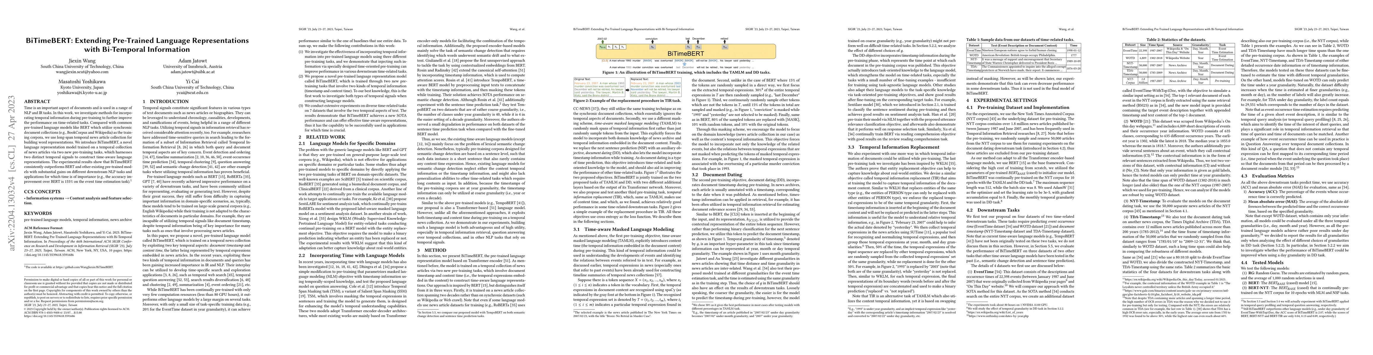 Thumbnail for BiTimeBERT: Extending Pre-Trained Language Representations with
  Bi-Temporal Information