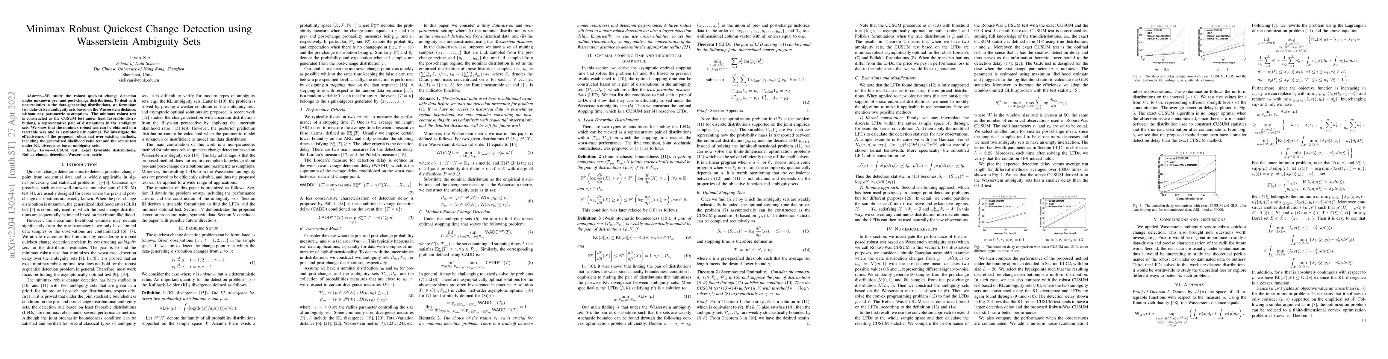 Thumbnail for Minimax Robust Quickest Change Detection using Wasserstein Ambiguity
  Sets