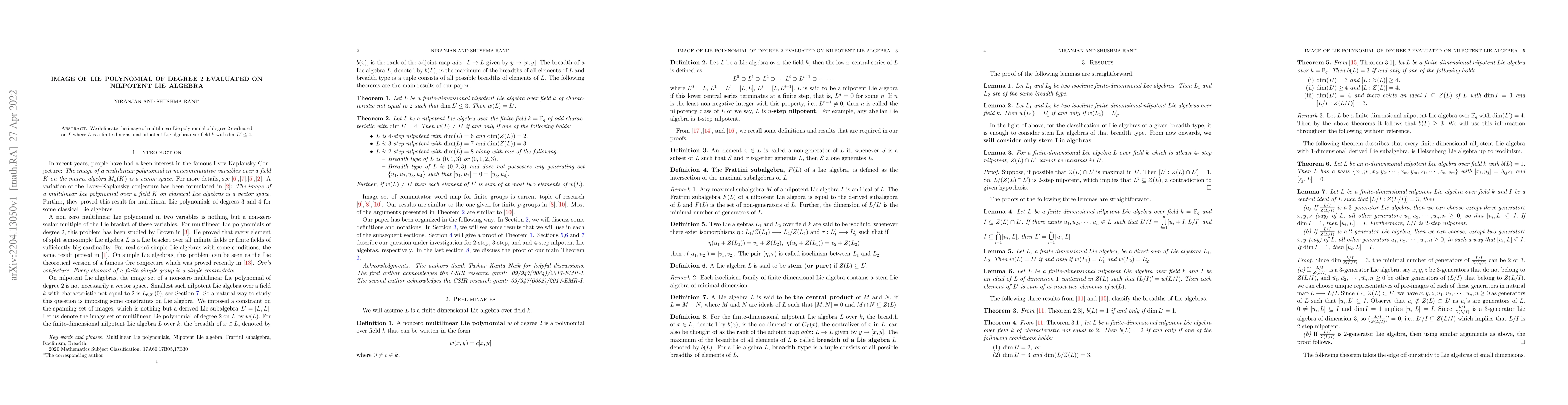 Thumbnail for Image of Lie polynomial of degree $2$ evaluated on Nilpotent Lie algebra