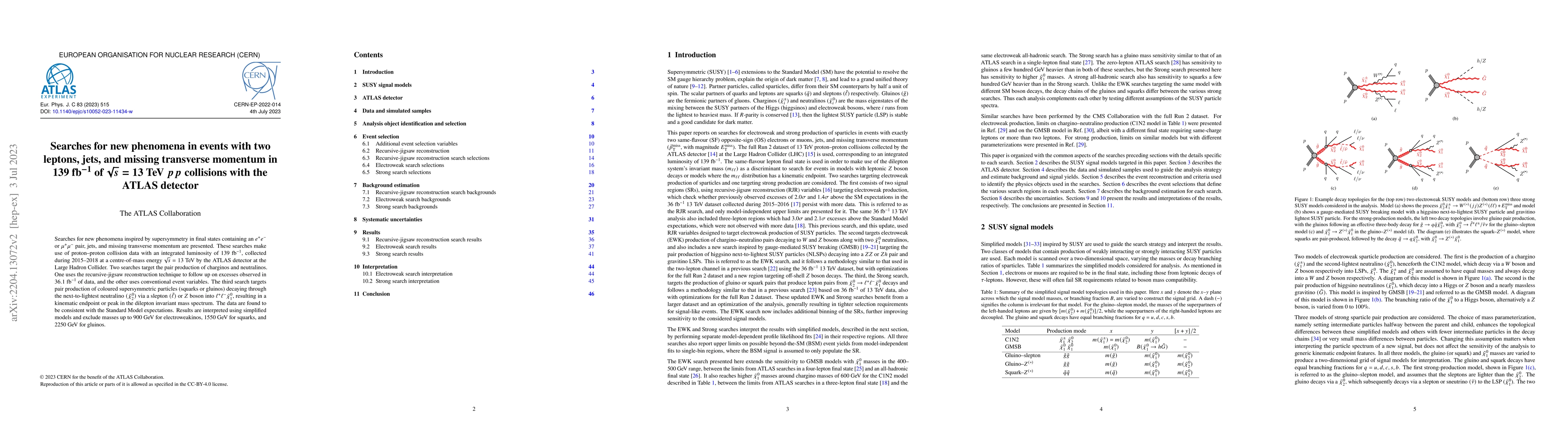 Thumbnail for Searches for new phenomena in events with two leptons, jets, and missing
  transverse momentum in 139 fb$^{-1}$ of $ \sqrt{s}=13$ TeV $ pp$ collisions
  with the ATLAS detector