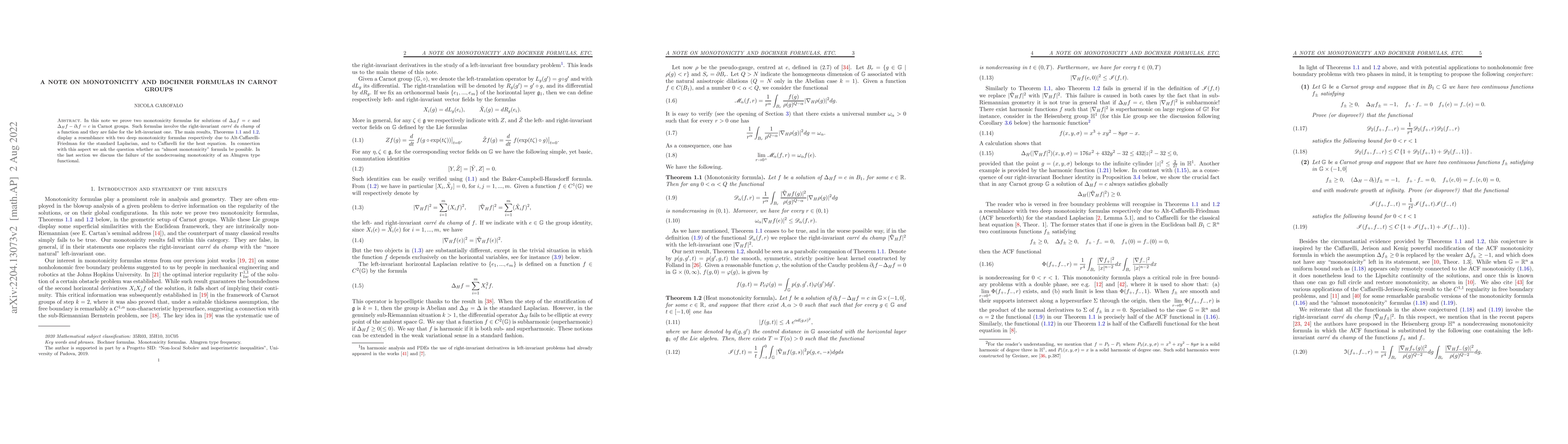 Thumbnail for A note on monotonicity and Bochner formulas in Carnot groups
