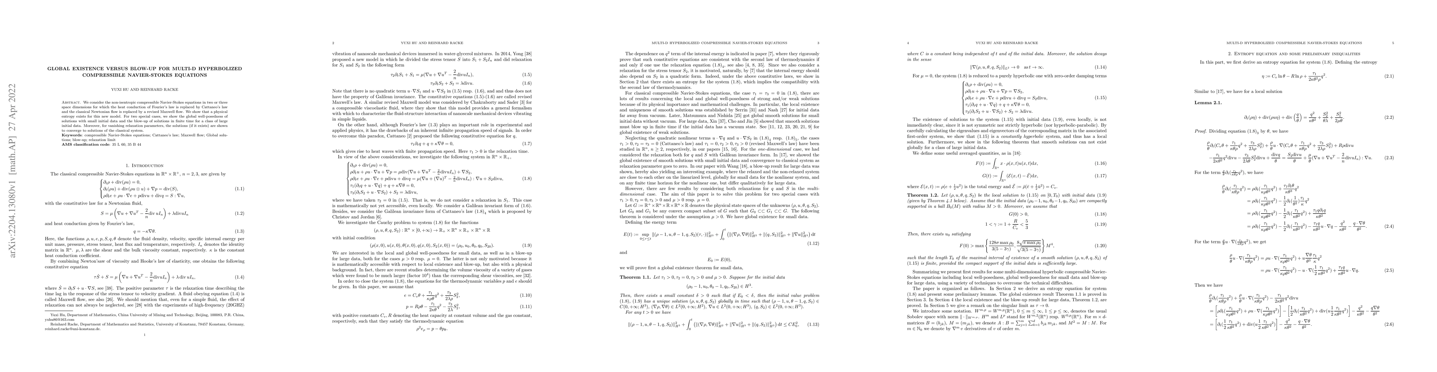Thumbnail for Global existence versus blow-up for multi-d hyperbolized compressible
  Navier-Stokes equations