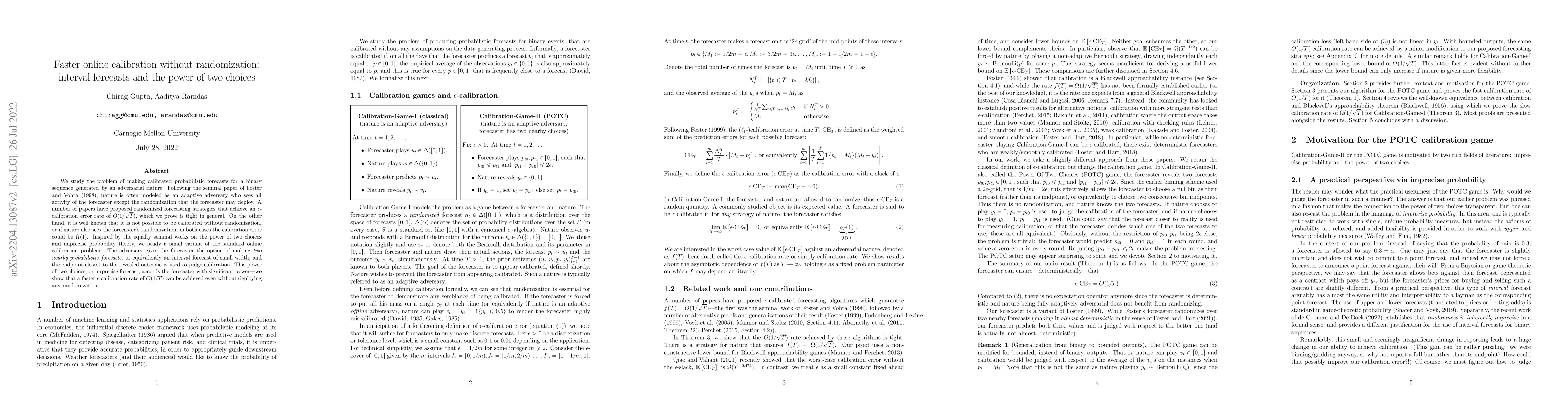 Thumbnail for Faster online calibration without randomization: interval forecasts and
  the power of two choices