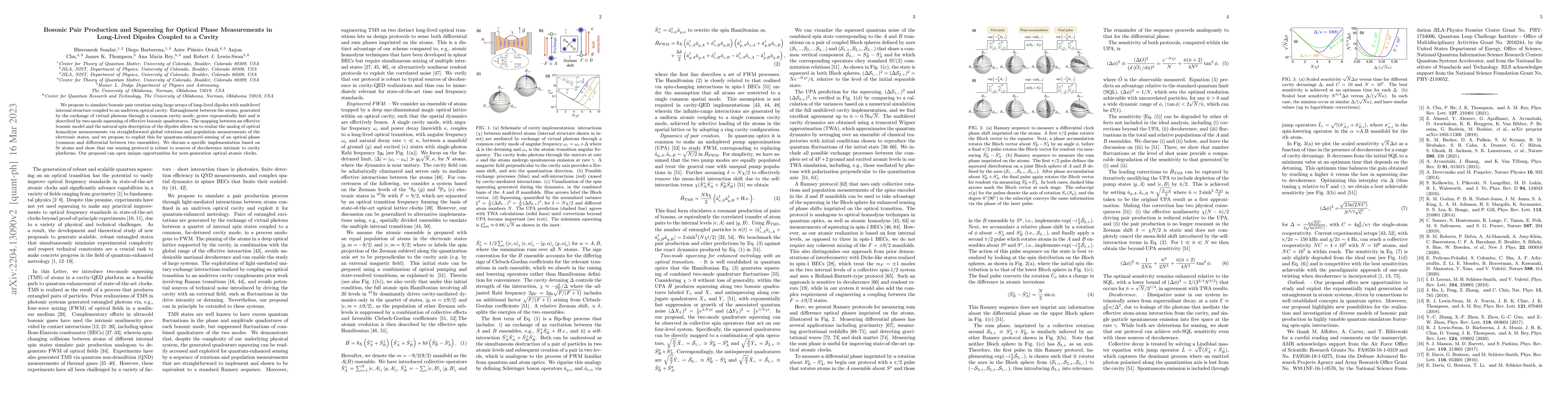 Thumbnail for Bosonic pair production and squeezing for optical phase measurements in
  long-lived dipoles coupled to a cavity