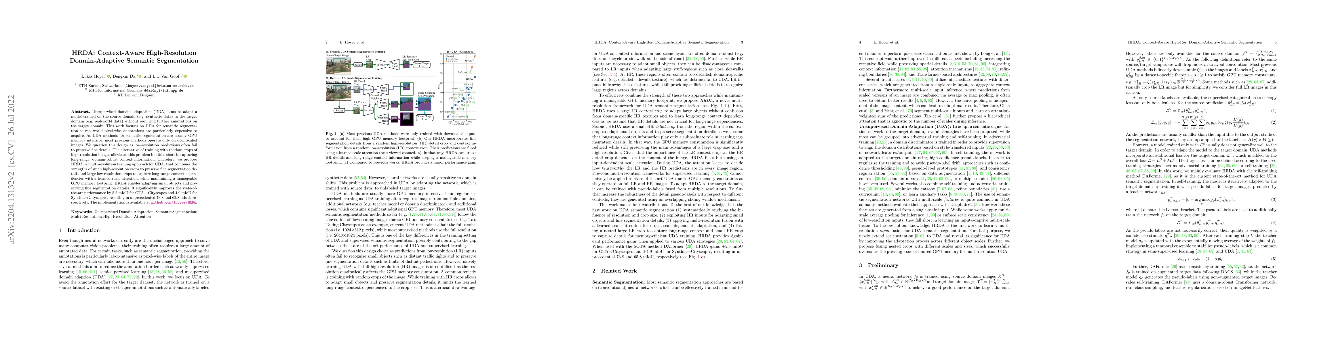 Thumbnail for HRDA: Context-Aware High-Resolution Domain-Adaptive Semantic
  Segmentation
