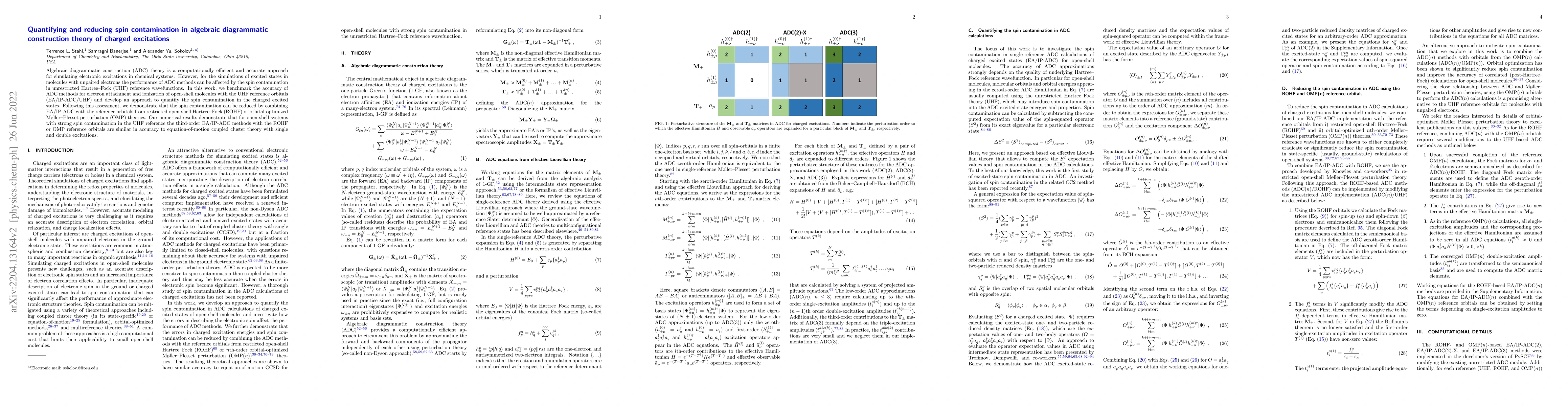 Thumbnail for Quantifying and reducing spin contamination in algebraic diagrammatic
  construction theory of charged excitations