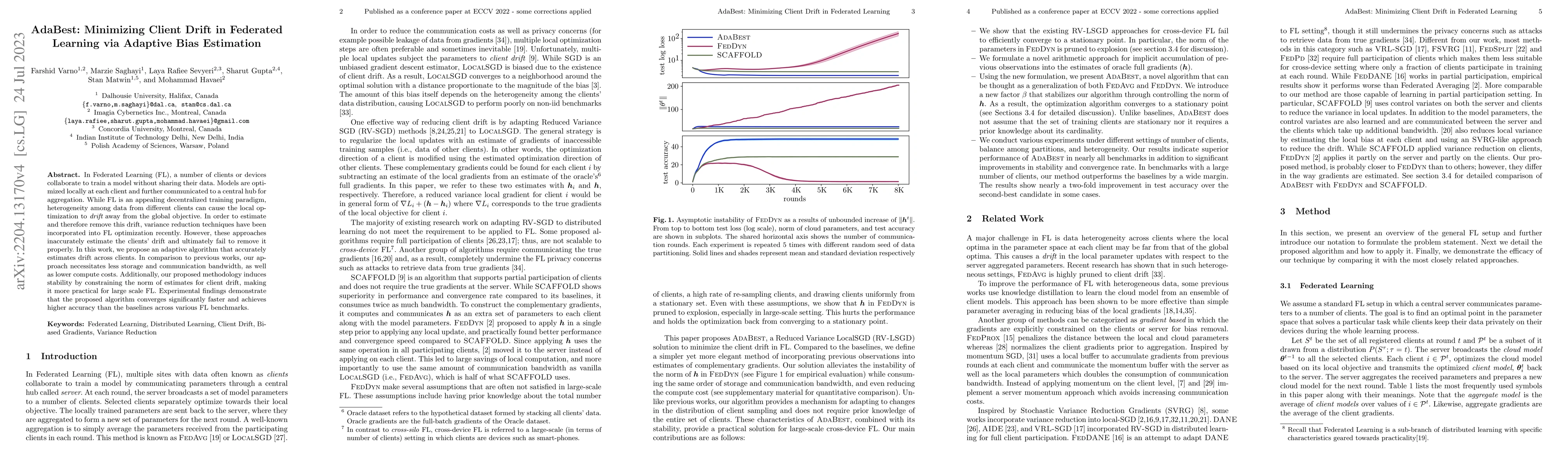 Thumbnail for AdaBest: Minimizing Client Drift in Federated Learning via Adaptive Bias
  Estimation