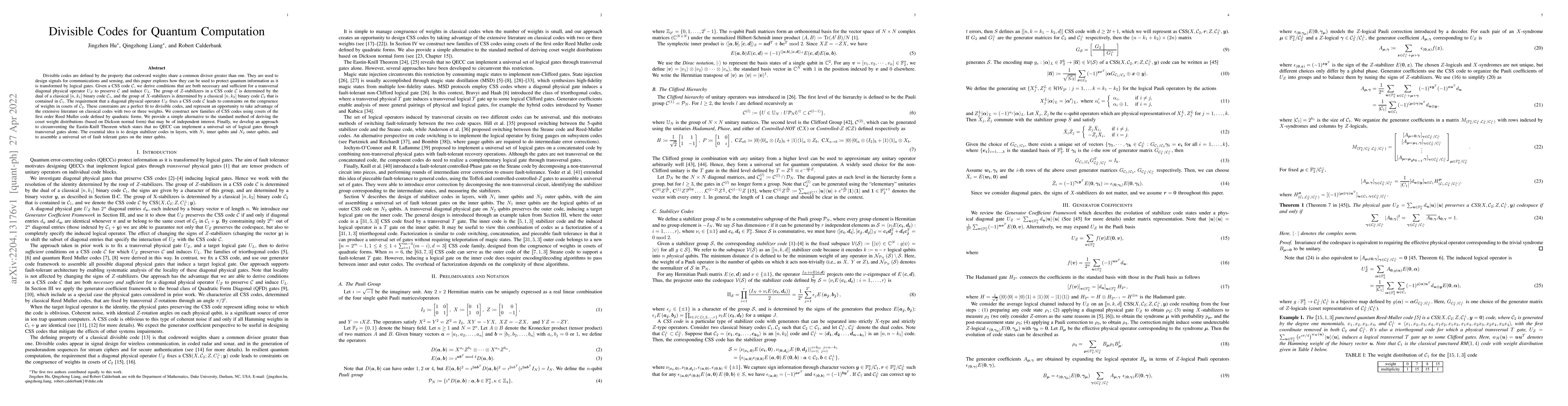 Thumbnail for Divisible Codes for Quantum Computation