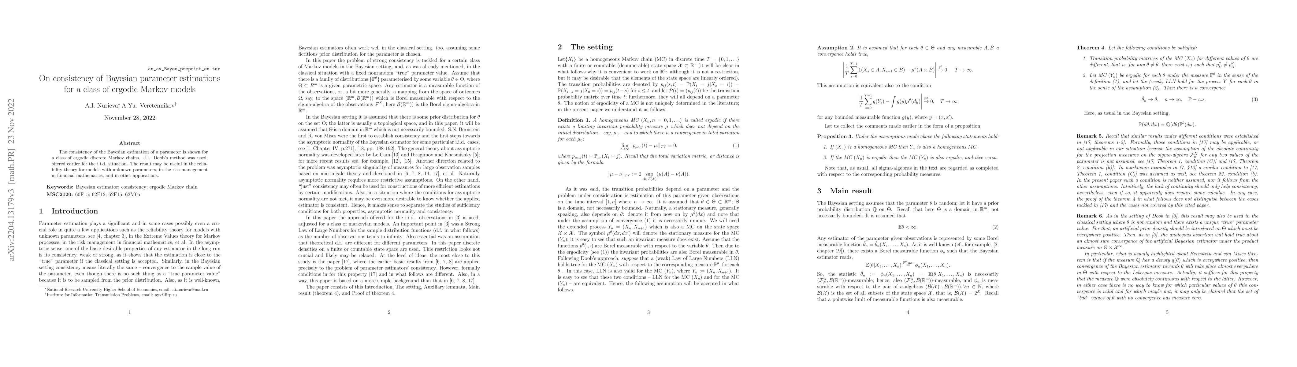 Thumbnail for On consistency of Bayesian parameter estimations for a class of ergodic
  Markov models