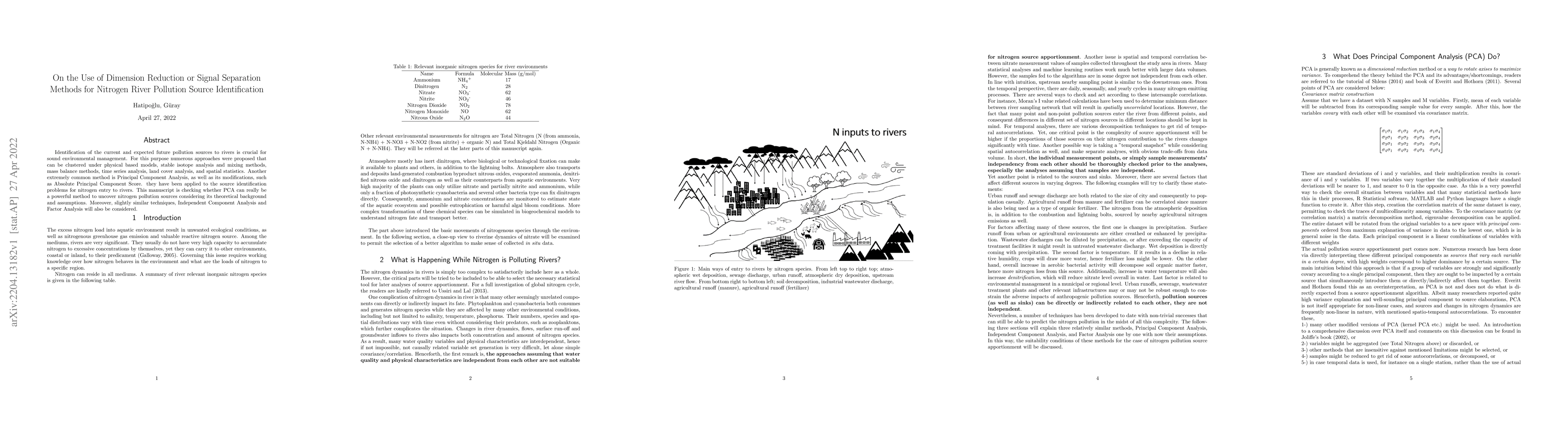 Thumbnail for On the Use of Dimension Reduction or Signal Separation Methods for
  Nitrogen River Pollution Source Identification