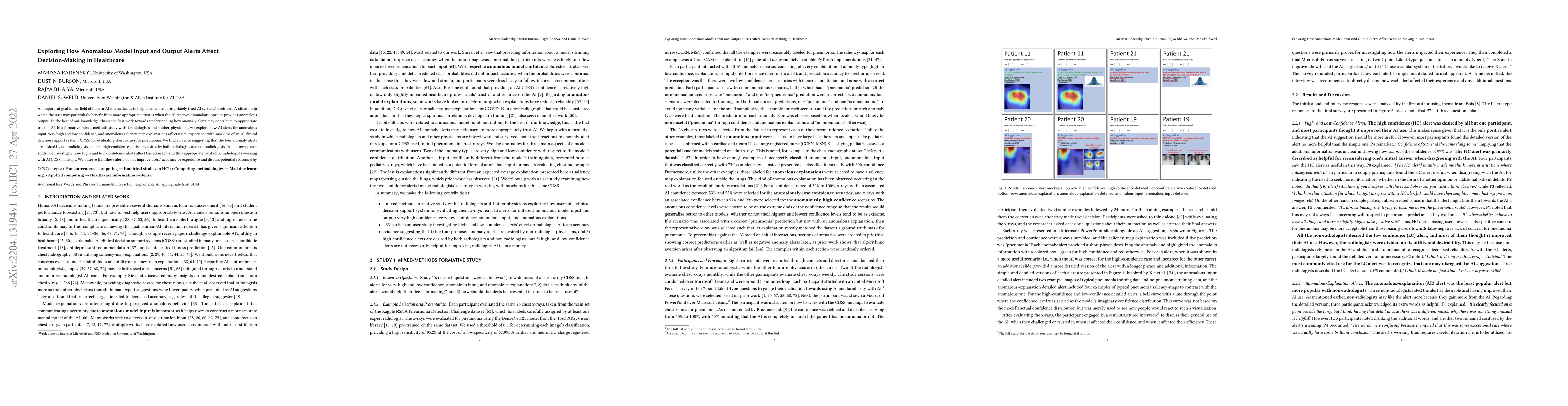 Thumbnail for Exploring How Anomalous Model Input and Output Alerts Affect
  Decision-Making in Healthcare