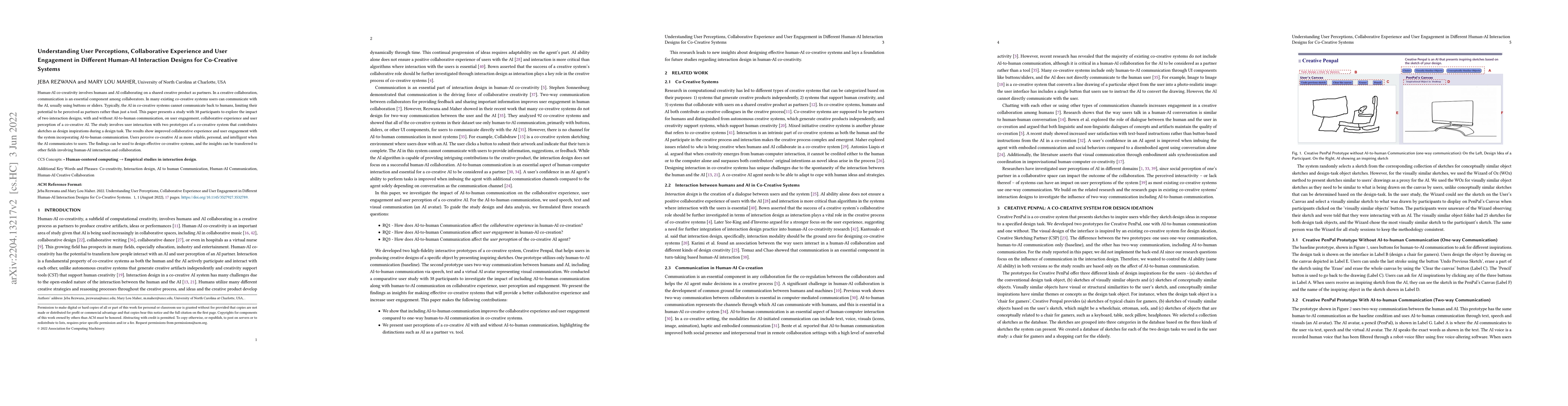 Thumbnail for Understanding User Perceptions, Collaborative Experience and User
  Engagement in Different Human-AI Interaction Designs for Co-Creative Systems