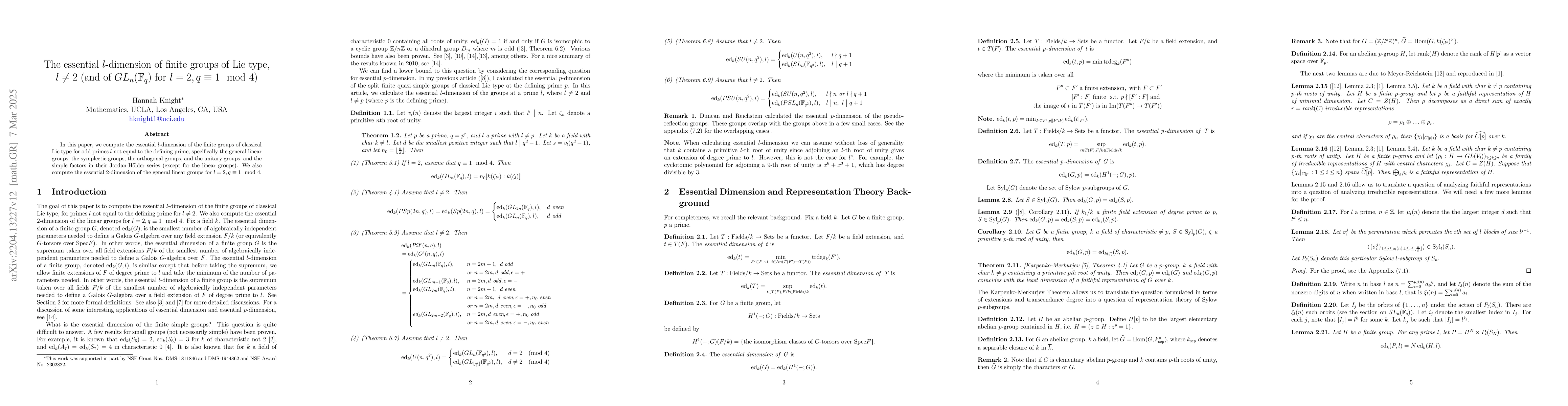 Thumbnail for The essential $l$-dimension of finite groups of Lie type, $l \neq 2$