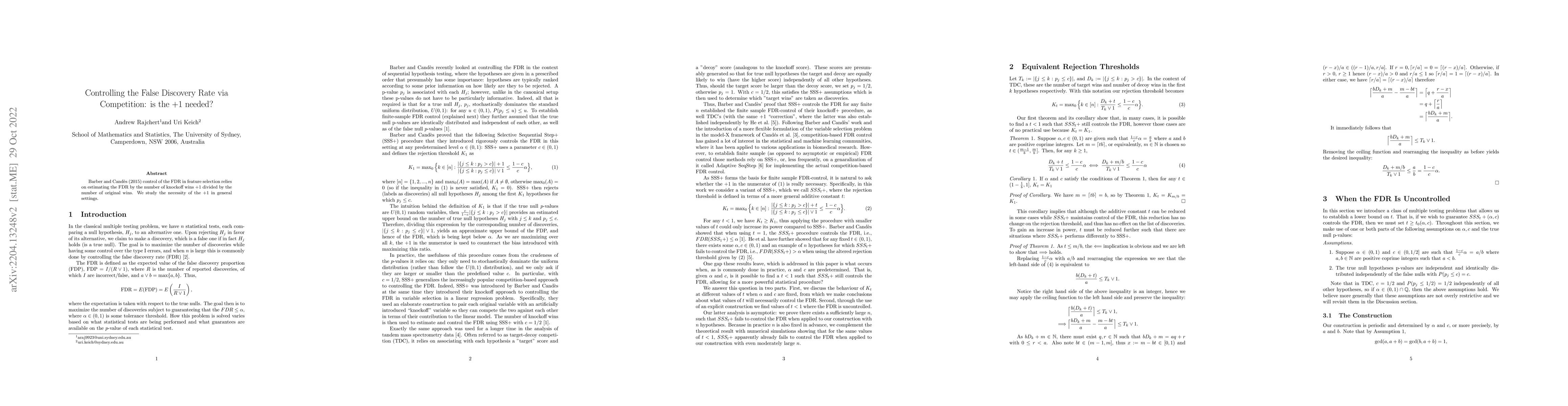Thumbnail for Controlling the False Discovery Rate via Competition: is the +1 needed?