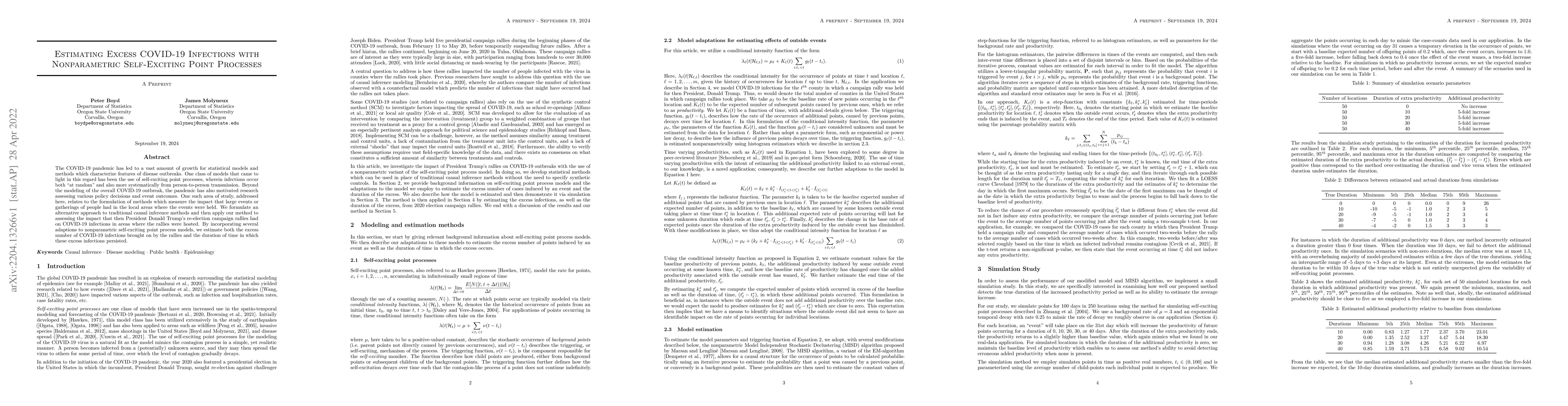 Thumbnail for Estimating Excess COVID-19 Infections with Nonparametric Self-Exciting
  Point Processes
