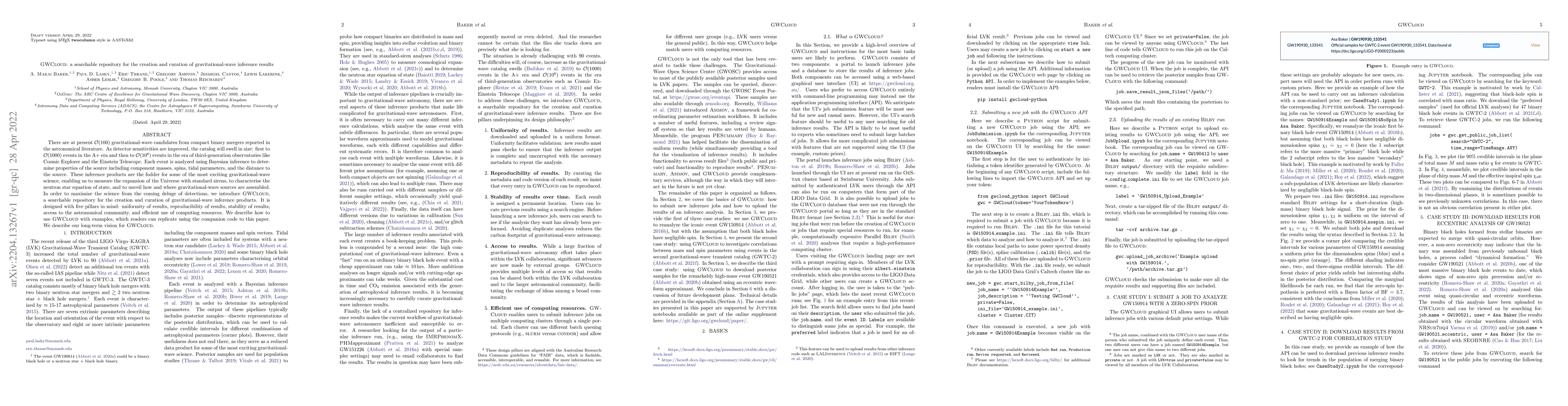 Thumbnail for GWCloud: a searchable repository for the creation and curation of
  gravitational-wave inference results
