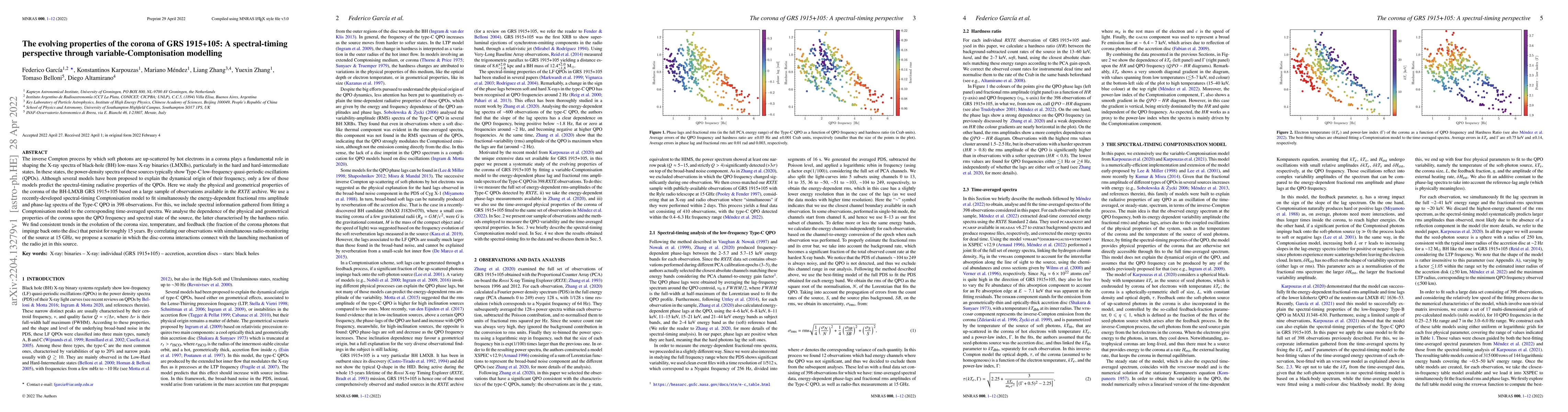 Thumbnail for The evolving properties of the corona of GRS 1915+105: A spectral-timing
  perspective through variable-Comptonisation modelling
