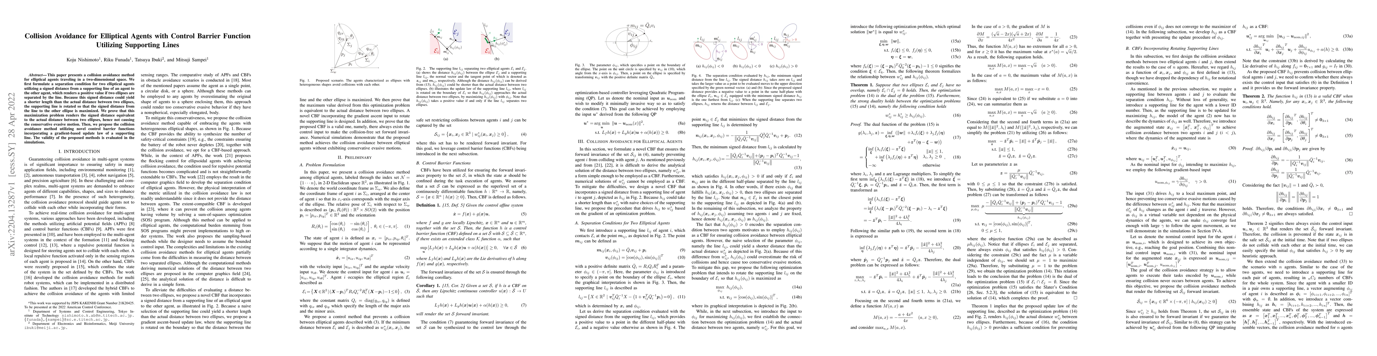 Thumbnail for Collision Avoidance for Elliptical Agents with Control Barrier Function
  Utilizing Supporting Lines