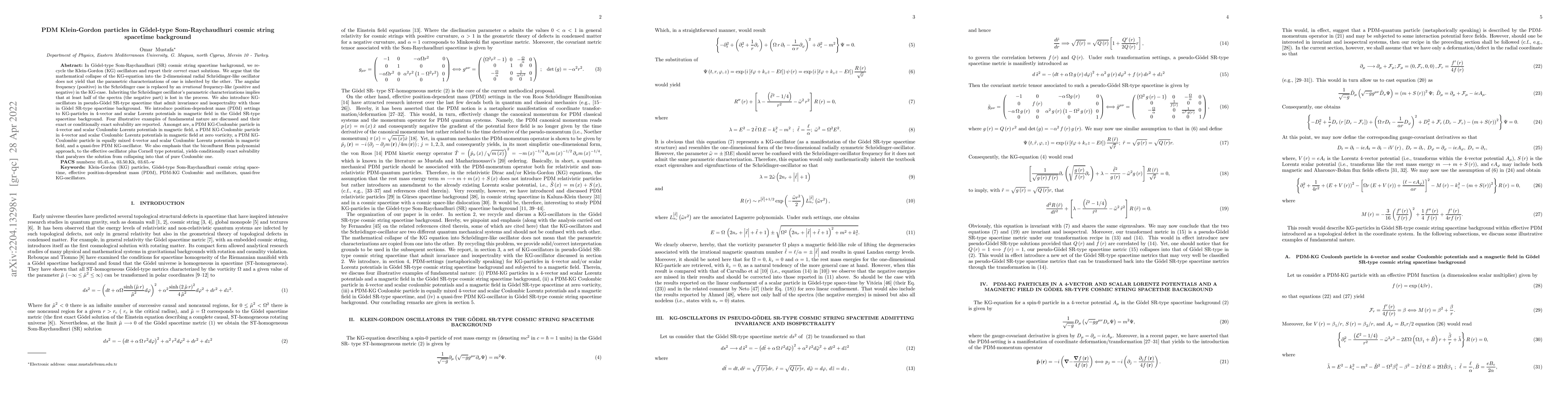 Thumbnail for PDM Klein-Gordon particles in G\"odel-type Som-Raychaudhuri cosmic
  string spacetime background