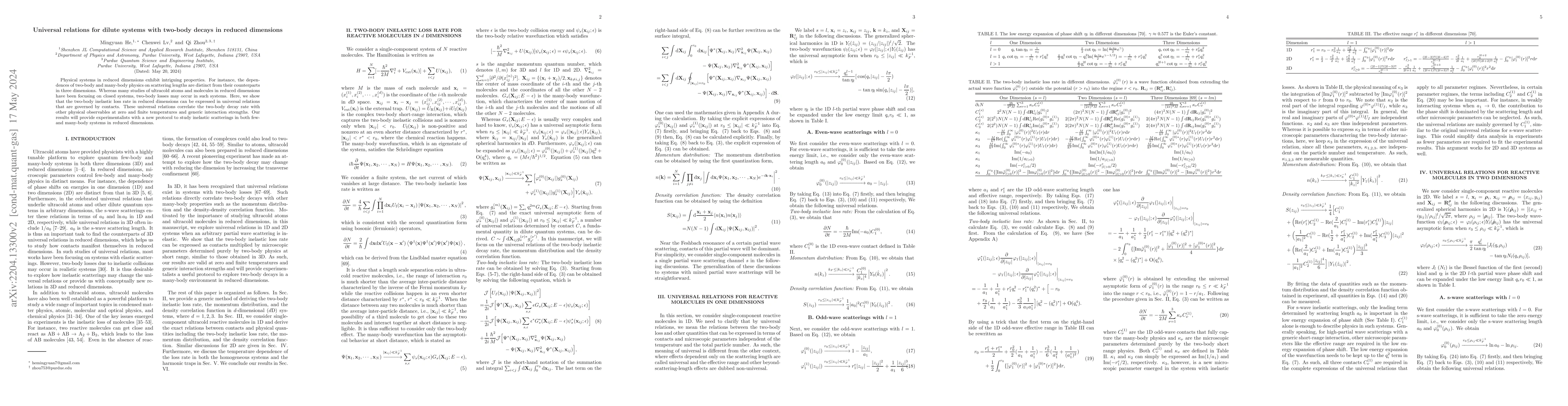 Thumbnail for Universal relations for dilute systems with two-body decays in reduced
  dimensions
