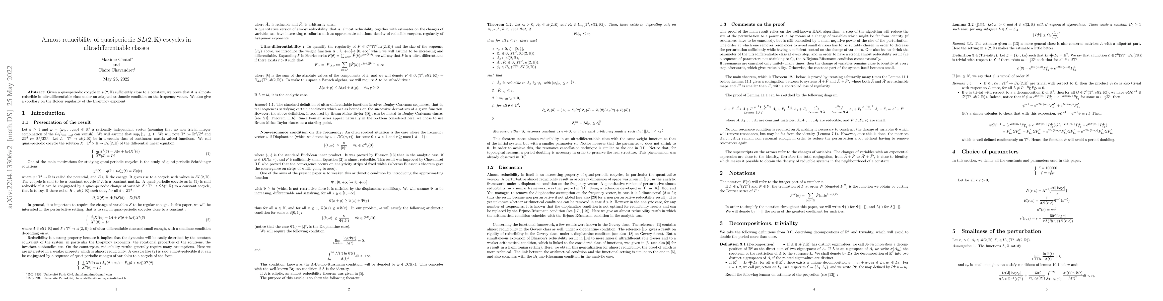 Thumbnail for Almost reducibility of quasiperiodic sl(2, R)-cocycles in
  ultradifferentiable classes