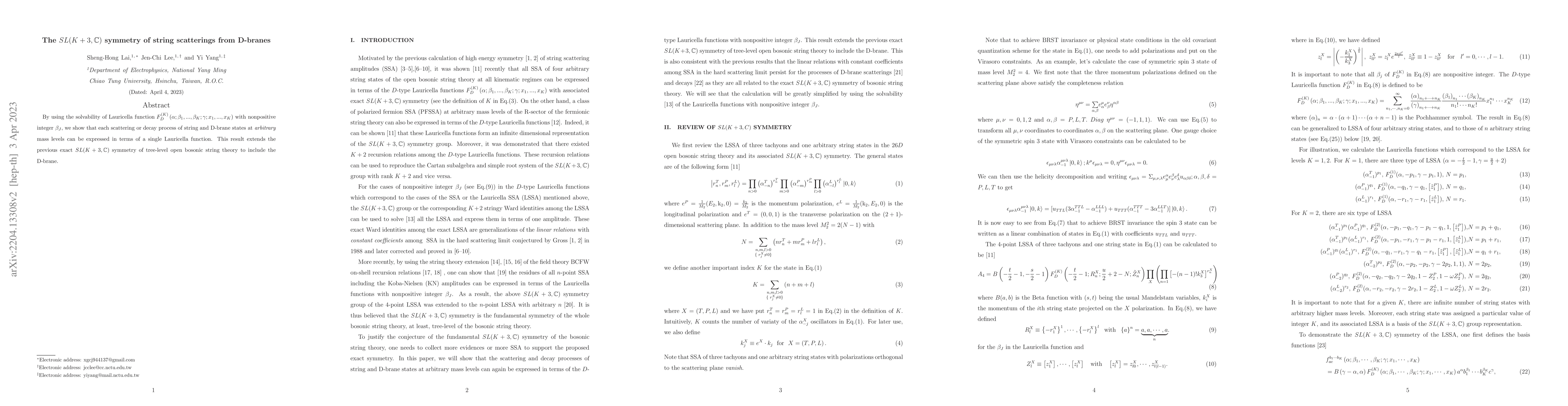 Thumbnail for The $SL(K+3,\mathbb{C})$ symmetry of string scatterings from D-branes