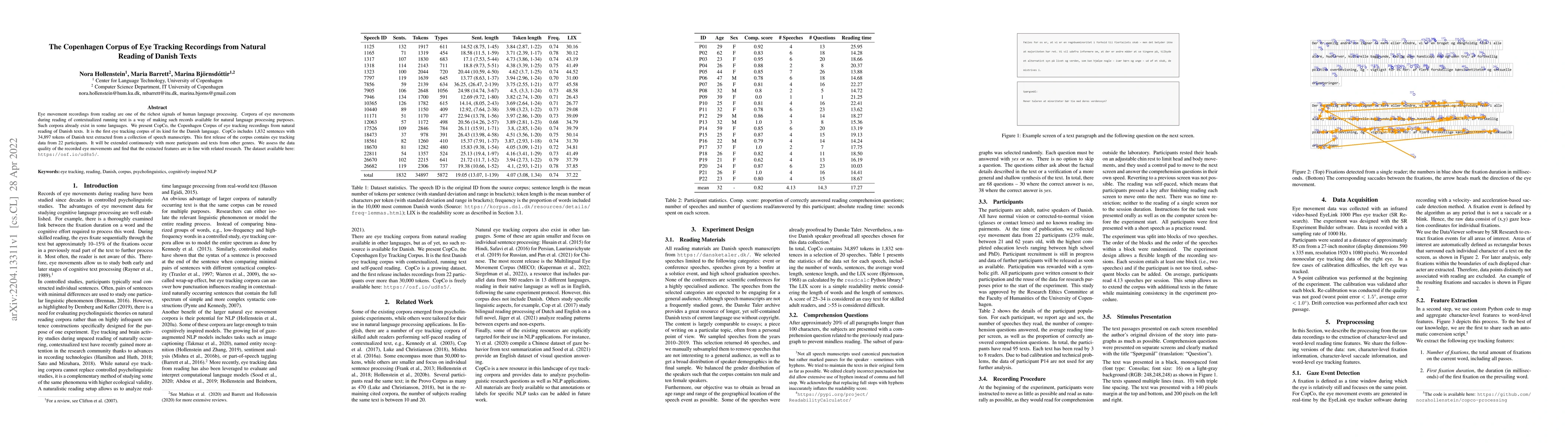 Thumbnail for The Copenhagen Corpus of Eye Tracking Recordings from Natural Reading of
  Danish Texts