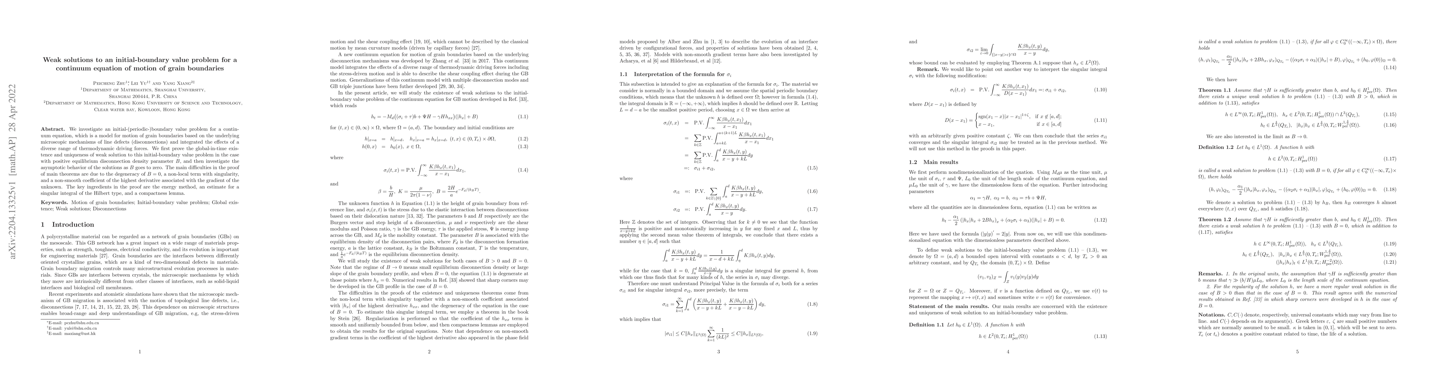 Thumbnail for Weak solutions to an initial-boundary value problem for a continuum
  equation of motion of grain boundaries