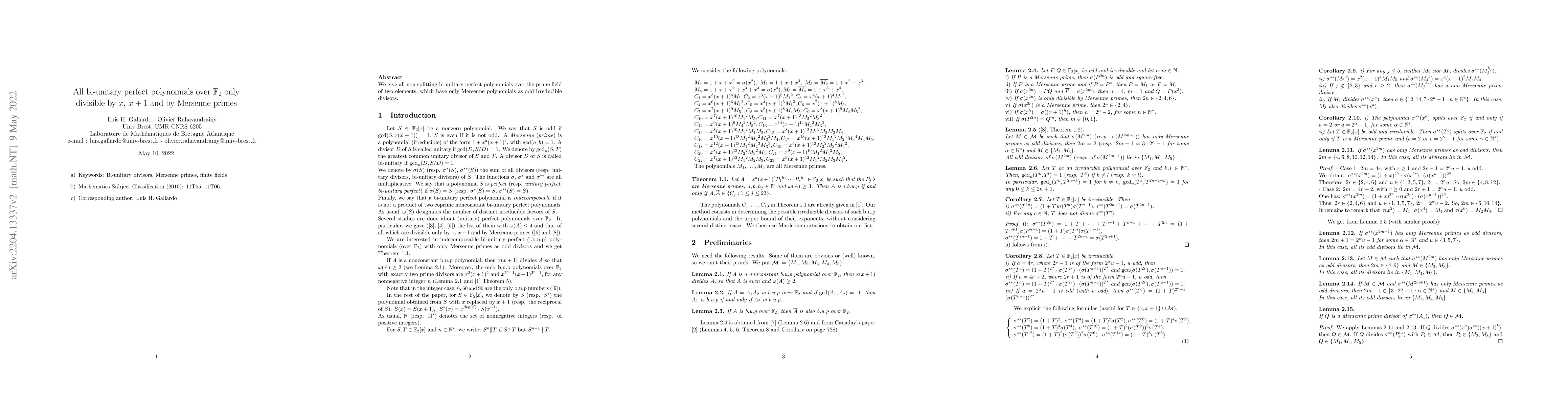 Thumbnail for All bi-unitary perfect polynomials over $\F_2$ only divisible by $x$,
  $x+1$ and by Mersenne primes