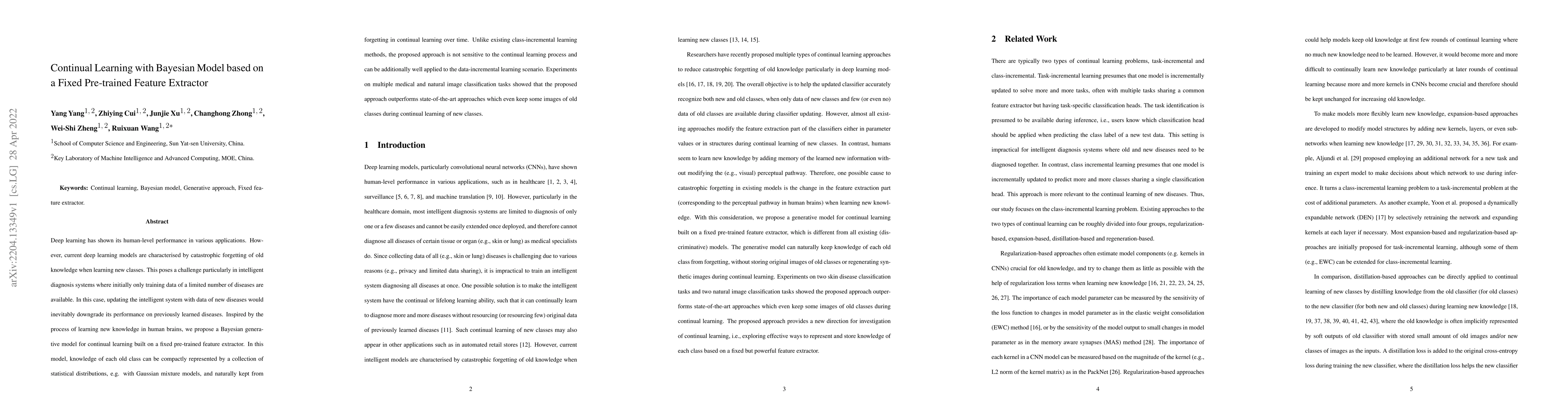 Thumbnail for Continual Learning with Bayesian Model based on a Fixed Pre-trained
  Feature Extractor