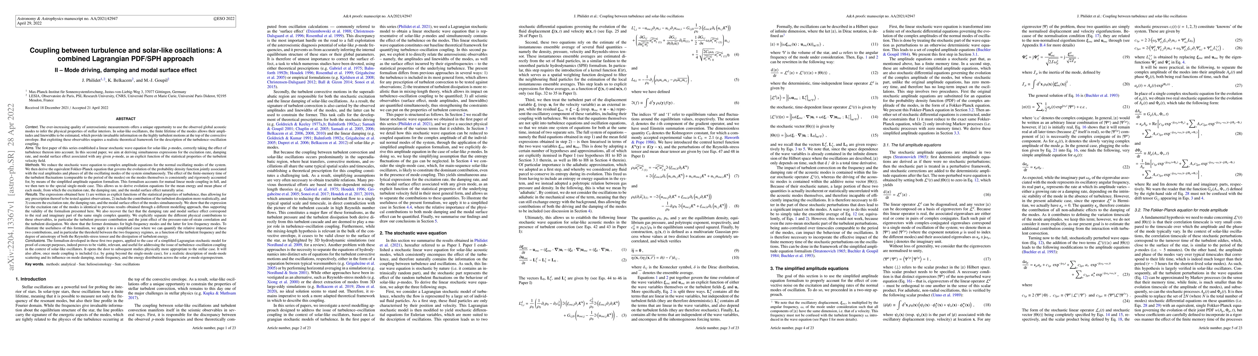 Thumbnail for Coupling between turbulence and solar-like oscillations: A combined
  Lagrangian PDF/SPH approach. II - Mode driving, damping and modal surface
  effect