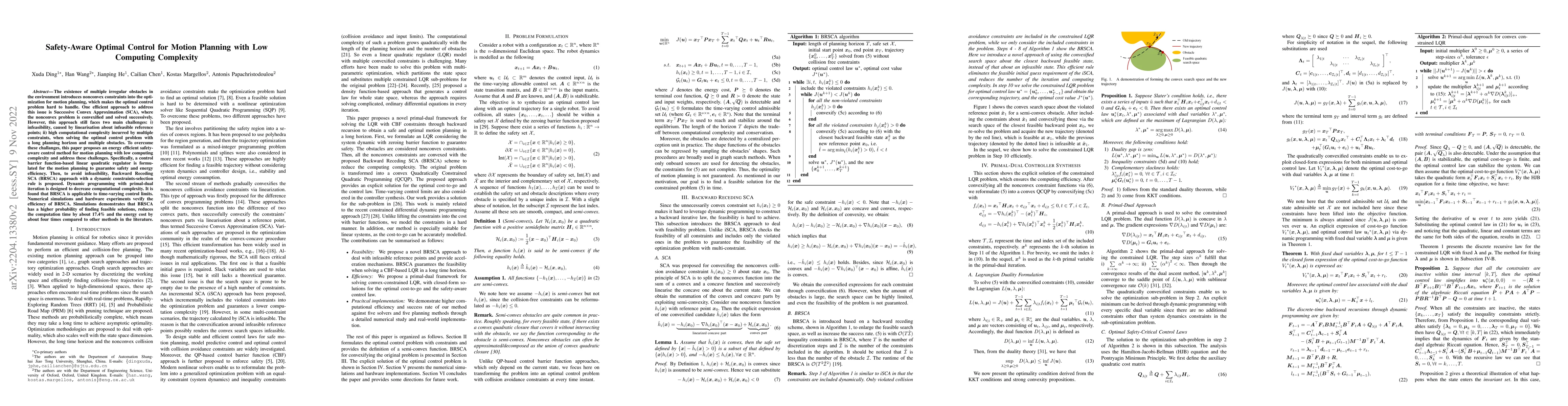 Thumbnail for Safety-Aware Optimal Control for Motion Planning with Low Computing
  Complexity